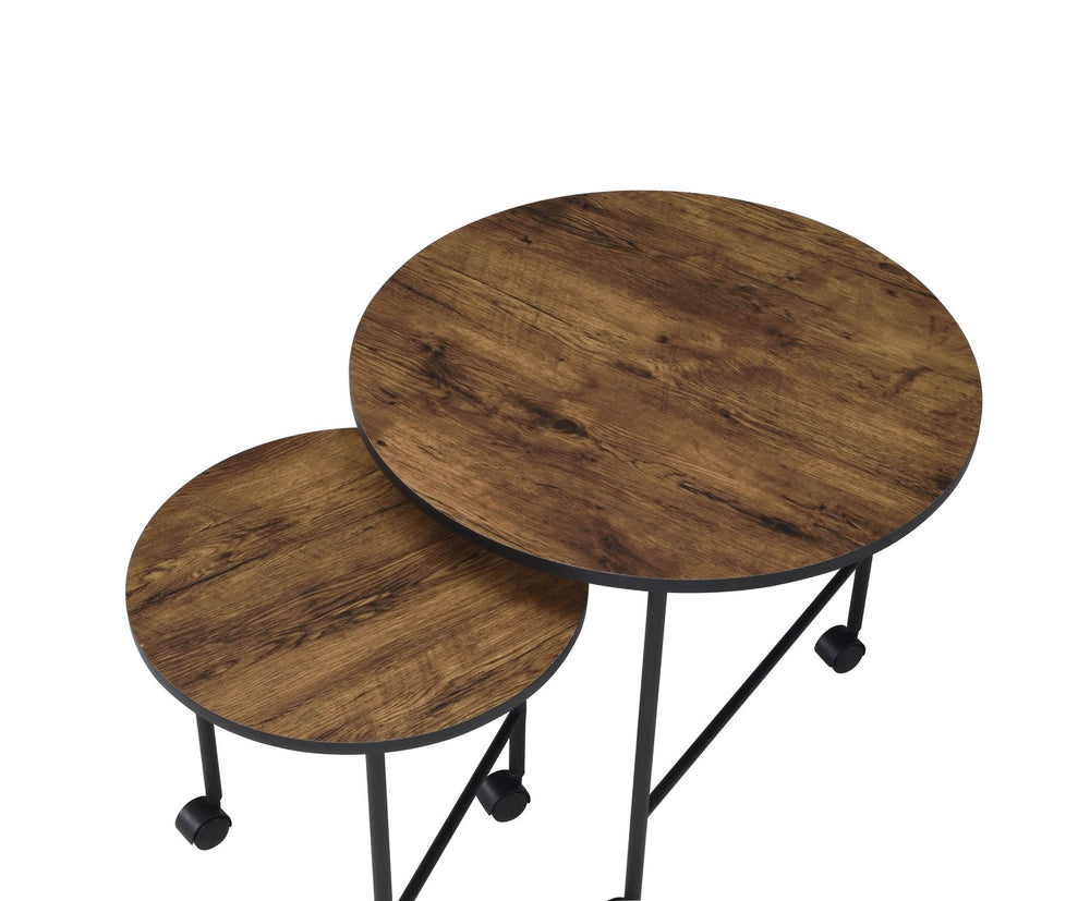 English Elm Oblis Vintage Oak Nesting Tables Set - 2Pc Wooden Round Tops, Metal Tripod Legs & Caster Wheels, Durable B2726P408070