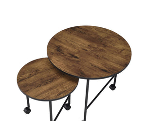 English Elm Oblis Vintage Oak Nesting Tables Set - 2Pc Wooden Round Tops, Metal Tripod Legs & Caster Wheels, Durable B2726P408070