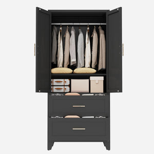English Elm 71" Steel Wardrobe with Hanging Rod Two Drawers and Shelf for Compact Bedroom W3387P411306