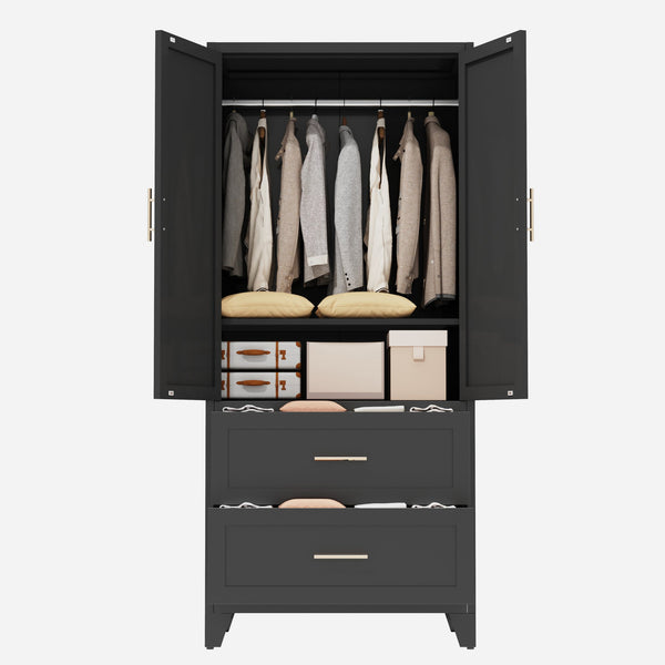 English Elm 71" Steel Wardrobe with Hanging Rod Two Drawers and Shelf for Compact Bedroom W3387P411306