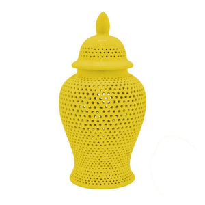 English Elm Deni Ceramic Temple Jar with Carved Lattice Cutouts and Removable Lid for Shelf Decor B056P416853