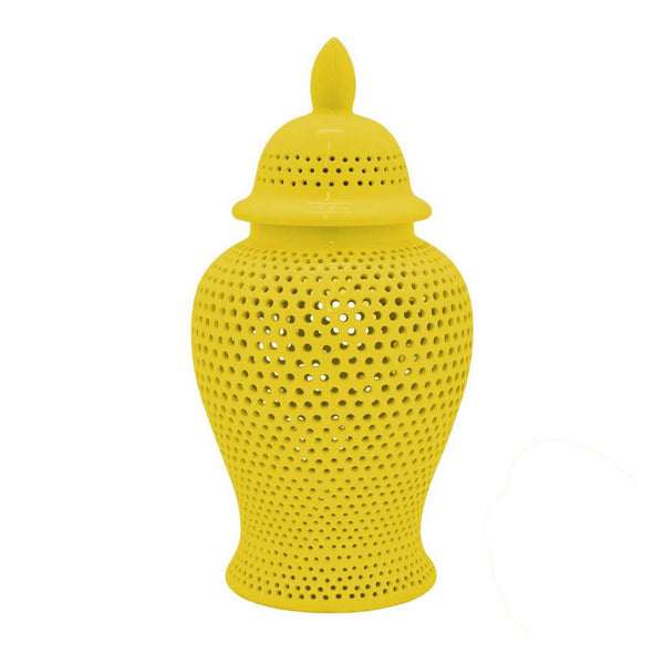 English Elm Deni Ceramic Temple Jar with Carved Lattice Cutouts and Removable Lid for Shelf Decor B056P416853