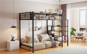 English Elm Twin Metal Loft Bed with Upper Grid Storage Shelf and 4-Layer Ladder Shelves for Space Saving Black SF100081AAB