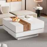 English Elm 31.4'' X 31.4'' Square Coffee Table With Sliding Tabletop, High Gloss Center Table With Hidden Storage Compartment, Extendable Cocktail Table With Walnut Grain Finish For Living Room, White