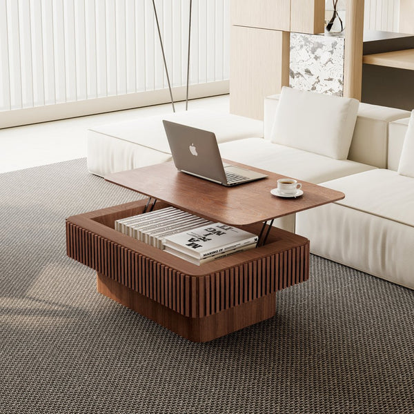 English Elm 38.6'' Fluted Walnut Lift-top Coffee Table with Hidden Storage for Modern Living W1435P380337