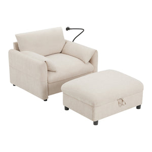English Elm 37" Oversized Chenille Armchair with Ottoman Usb Charging Pocket Spring Living Room Beige N723P387145A