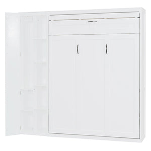 English Elm Full Size Murphy Bed with Open Shelving Wardrobe and Led Lighting for Studio Spaces White LP000898AAK