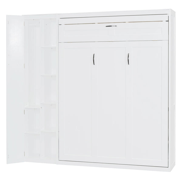 English Elm Full Size Murphy Bed with Open Shelving Wardrobe and Led Lighting for Studio Spaces White LP000898AAK