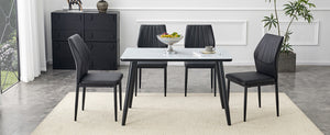 English Elm Table and Chair Set with Marble Glass Top Conical Legs and Four Pu Dining Seats W1151S04661
