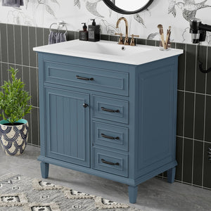 English Elm 30 Inch Freestanding Bathroom Vanity Solid Pine Cabinet Ceramic Sink Top Storage Blue Gray N725P412782C