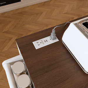 English Elm 74.8" Rolling Kitchen Island Extendable Marble Veneer Top with Power Outlet and Storage W2700S00105