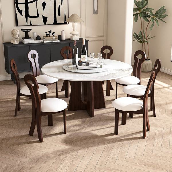 English Elm Modern Round Dining Table Set - 59" Sintered Stone Top With Walnut Base & 360° Lazy Susan For 8 People W2700S00014