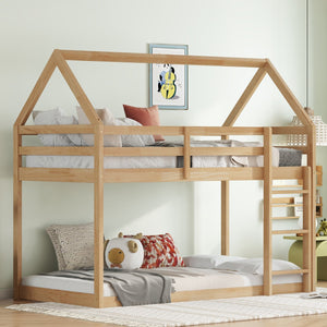 English Elm Twin Rubber Wood Floor Bunk Bed House-Shaped Design with Ladder Guardrails Sturdy Low-Profile Retreat White+Oak W504P206866