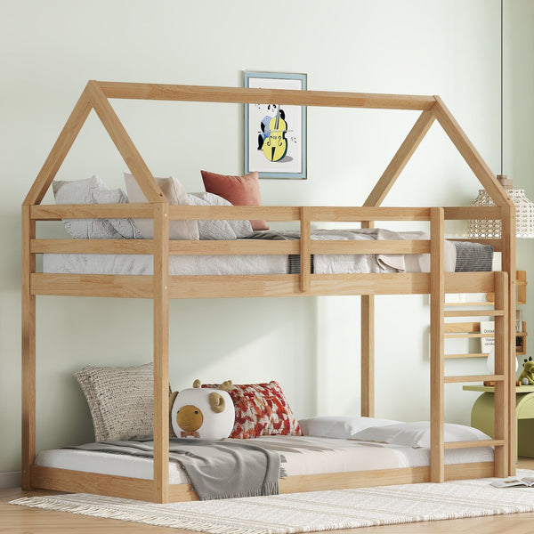 English Elm Twin Rubber Wood Floor Bunk Bed House-Shaped Design with Ladder Guardrails Sturdy Low-Profile Retreat White+Oak W504P206866
