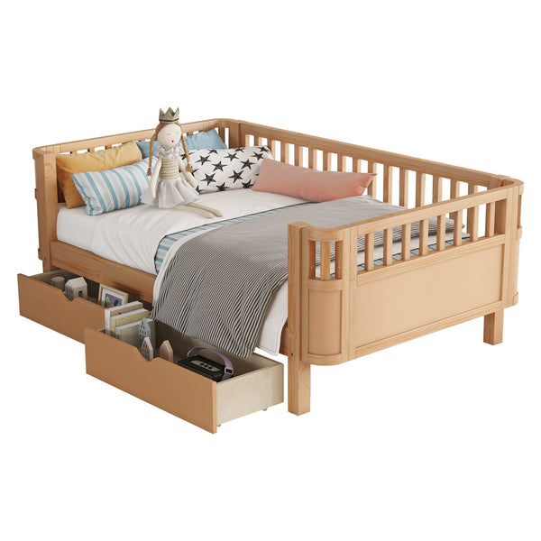 English Elm Twin Solid Wood Platform Bed with Guardrail for Kids, Low-Profile Sturdy Pine Frame, Safe Sleep Solution Natural 69.69 L x 18.5 W x 7.68 H W2593P331680