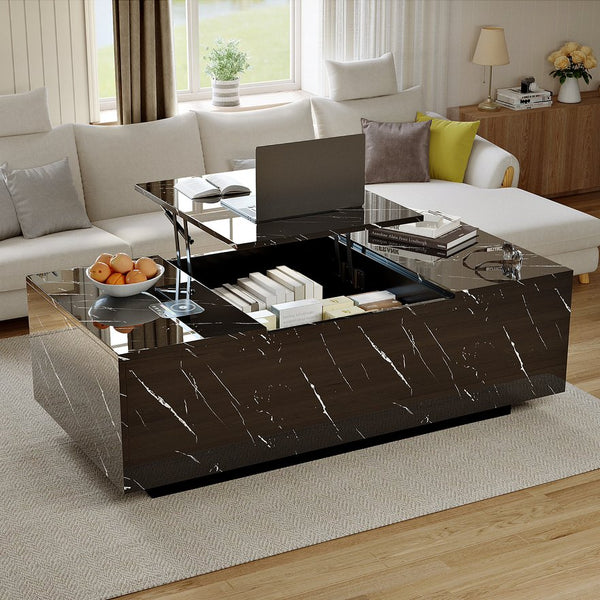 English Elm Coffee Table with Led Lighting Bluetooth Speaker Wireless Charging and Faux Marble Top T3773P415730