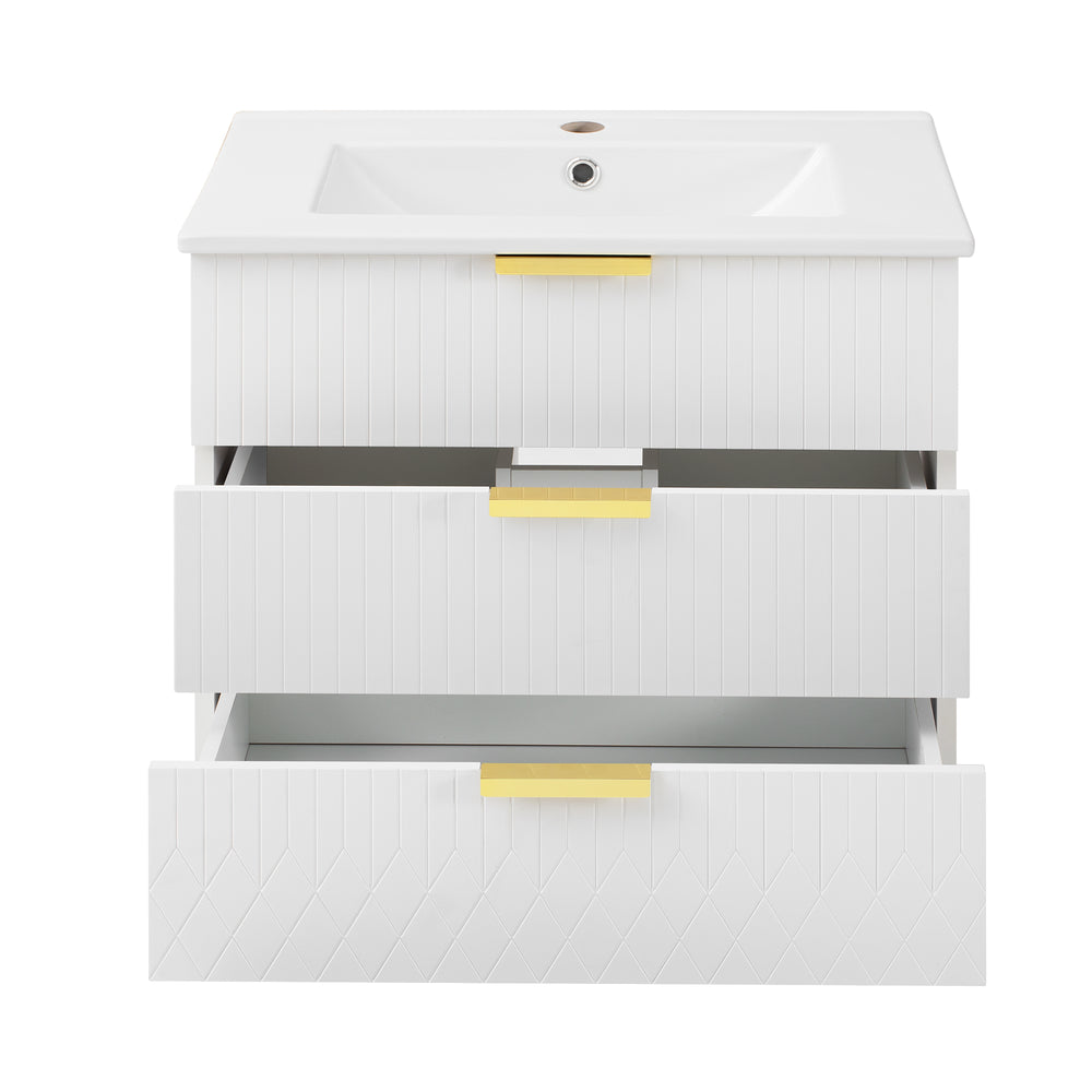English Elm 24inch Bathroom Vanity with Ceramic Basin Sink, Wall-Mounted Double Drawer Cabinet for Small Baths White N710P324097K