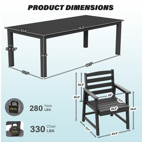 English Elm 7-piece Outdoor Dining Set with Spacious 75" HDPE Table, Aluminum Legs and Waterproof Chairs, Durable Black T3898S00001