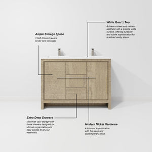 English Elm Rustic Acacia Double Bath Vanity 48" W With White Quartz Top & Gun Metal Faucet - Stylish Storage! B2731P259203-GIGA
