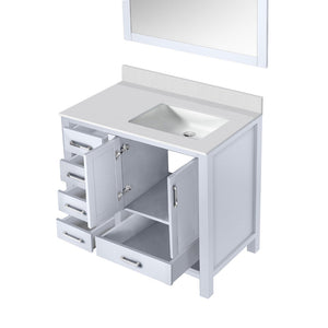 English Elm White Bath Vanity Set With Right Offset Quartz Top & Matching Mirror - Modern Storage Solution B2731S00682-GIGA