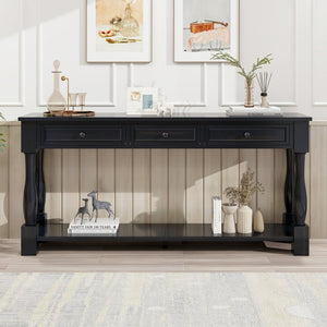 English Elm Trexm Distressed Entryway Console Table Three Drawers Open Shelf Mediterranean Wood Espresso N715P372052B
