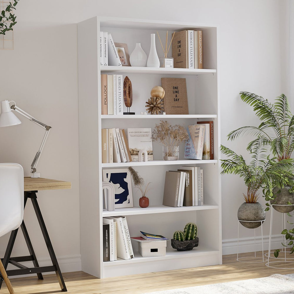 English Elm 5 Shelf Tall White Wood Bookcase with Adjustable Levels for Bedroom or Office T3623P383597
