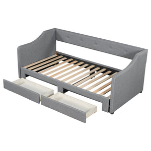 English Elm Twin XL Upholstered Daybed with Two Drawers — Convertible King Sofa Bed, Buttoned Back, Linen Upholstery Gray DL002056AAE