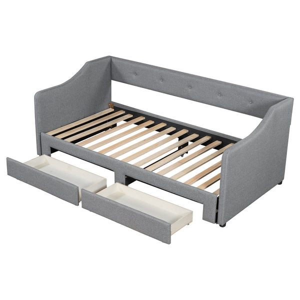 English Elm Twin XL Upholstered Daybed with Two Drawers — Convertible King Sofa Bed, Buttoned Back, Linen Upholstery Gray DL002056AAE