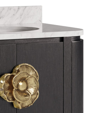 Currey & Company Briallen 36" Vanity With Elegant Carrara Marble Top And Polished Nickel Brass Flower Pull Storage Solutions Black White Oak Solids & Veneers ,Carrara Marble ,Vitreous China ,Brass 3800-0017-currey-company