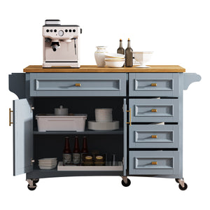 English Elm K&k Farmhouse Rolling Kitchen Island Oak Veneer Top with Drop Leaf and Storage Drawers Blue+Grey N707S195393G