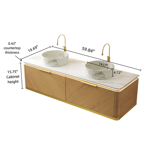 English Elm Dipa 60" Floating Bathroom Vanity Set With Dual Ceramic Sinks, Led Lights & Corolla Oak Finish W2615S00489