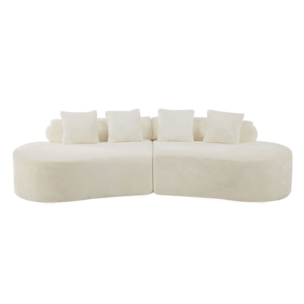English Elm white plush curved multi-seater sofa with pillows — Nordic skin-friendly fabric, space-saving design W3612S00008