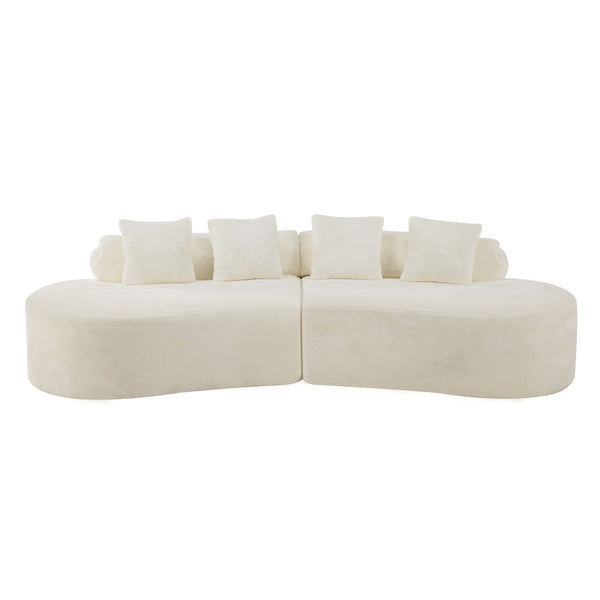 English Elm white plush curved multi-seater sofa with pillows — Nordic skin-friendly fabric, space-saving design W3612S00008