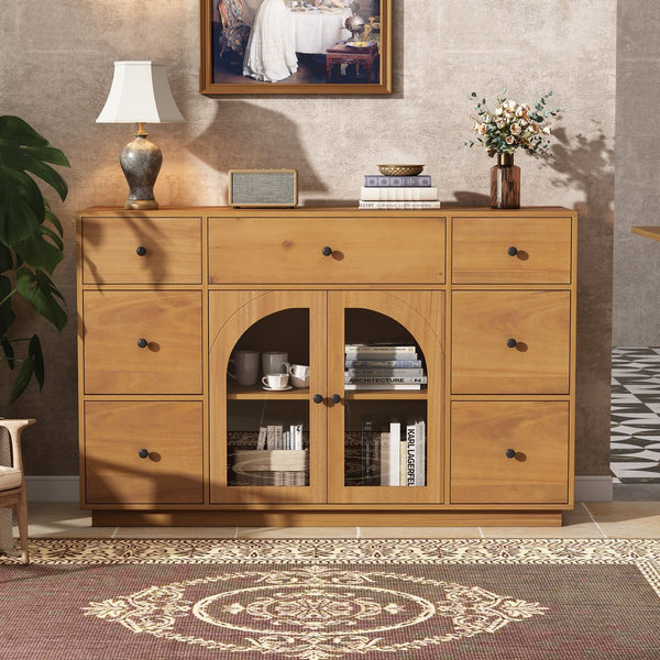 English Elm Christopher Knight Home® - Cabinet roomy storage console with 2 doors, 7 drawers, glass accents and manufactured wood build, large Natural N780P330601N