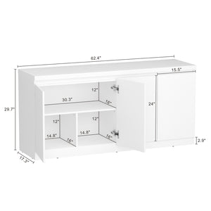 English Elm Viennese 62" Sideboard White — Spacious 6-Shelf 4-Door Console Cabinet for TV up to 60", Closed Base B365P398543