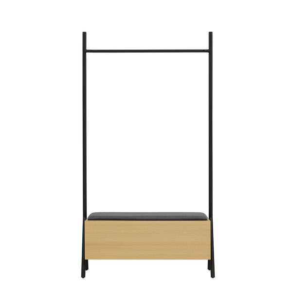 English Elm Paloma 38" Open Hanging Closet with Lift-Top Linen Bench, Light Oak, Black Rod, 2-Seat Storage Elegance B365S00136