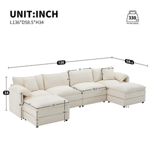 English Elm [new U-shaped Chenille Cloud Sectional 6 Seat Modular Sofa with Movable Ottoman White N723S6546W