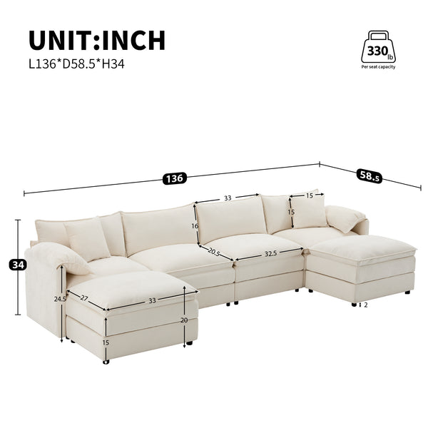 English Elm [new U-shaped Chenille Cloud Sectional 6 Seat Modular Sofa with Movable Ottoman White N723S6546W