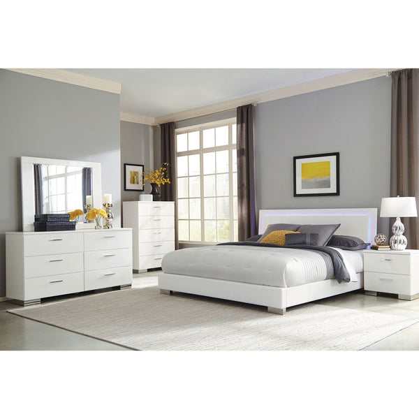 English Elm Strick Nash Glossy White Panel Bed with LED Headboard and Faux-Leather Base — Contemporary Comfort B062S00966