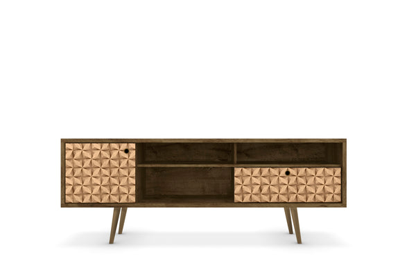 English Elm Liberty 71" Mid-Century TV Stand with Splayed Solid Wood Legs, Wire Management & Storage Drawer Brown+Neutral B365P398372