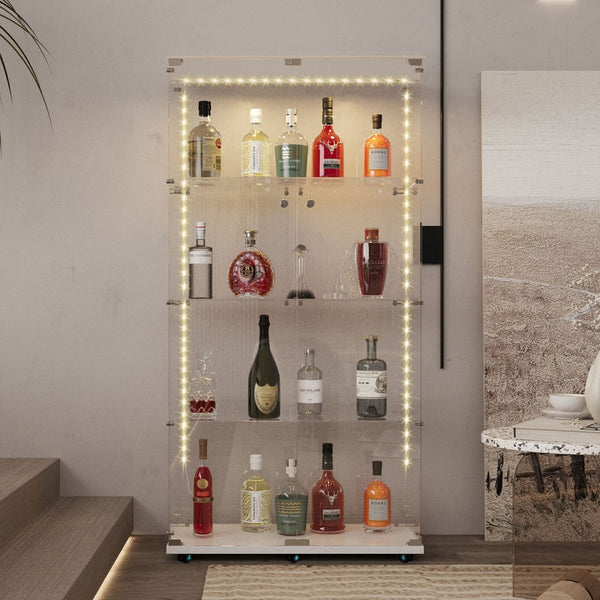 English Elm Tempered Glass Display Cabinet With Bluetooth Led Strip, Swivel Casters & Mobile App Control, White W3155S00004-GIGA