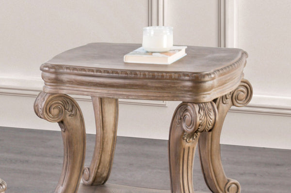 English Elm Traditional End Table In Weathered Oak Finish With Carved Details & Scroll Legs For Elegant Storage B2741P360607-GIGA