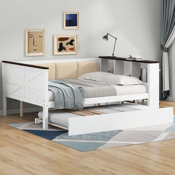 English Elm Twin Pine Wood Daybed with Trundle Upholstered Backrest Storage Shelf and Usb Port N7090002233K