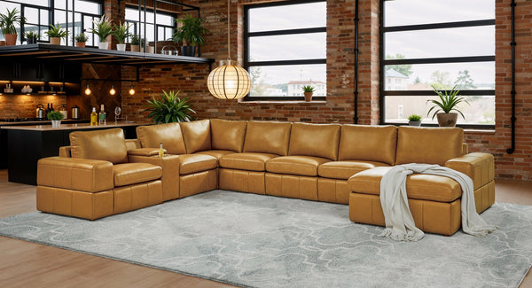 English Elm Large Square Arm Leather Match Modular Sectional for Open Concept Living Rooms Ginger B2748S00134