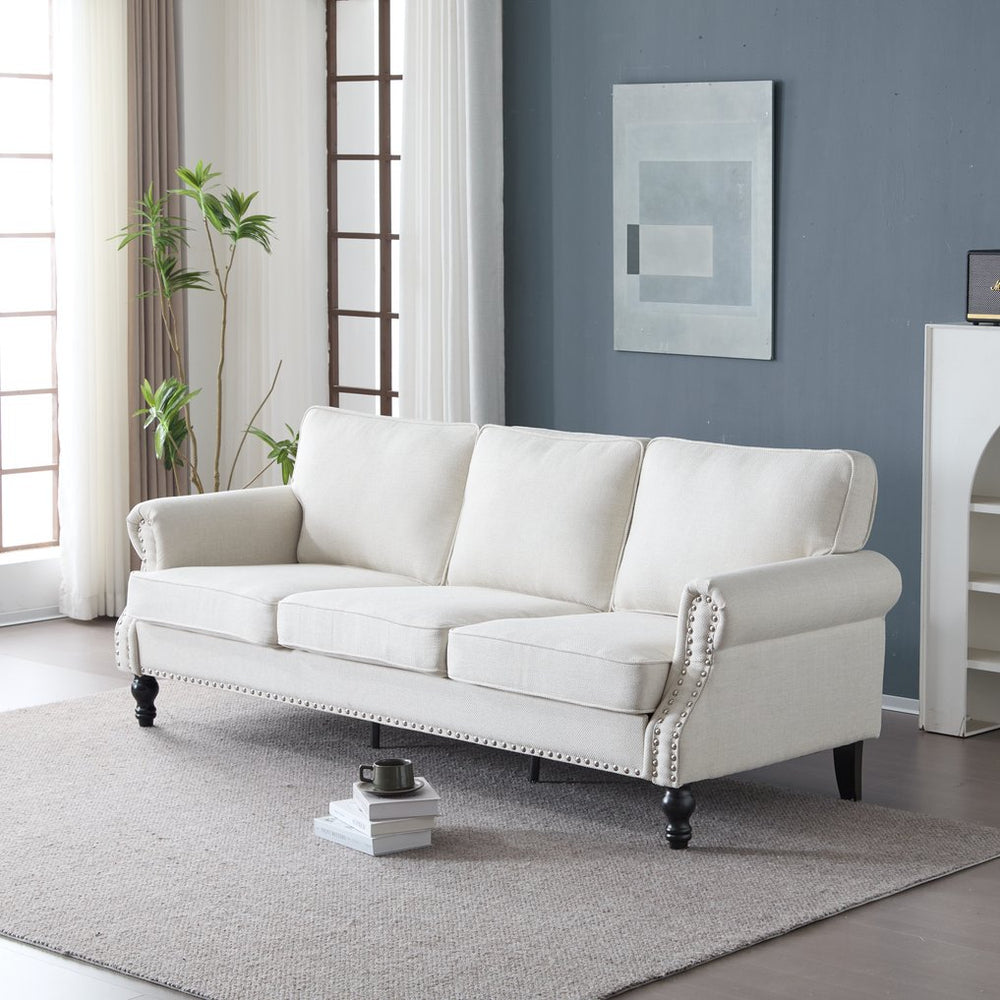 English Elm 83 Inch Faux Leather Traditional Sofa with Brass Nailhead Trim and Deep Rolled Arms W2911S00012