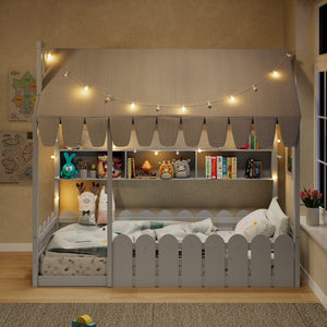 English Elm {slats Are Not Included} Twin Montessori House Floor Bed Kids Tent Lights Shelves Pinewood Frame Gray N708P407962E