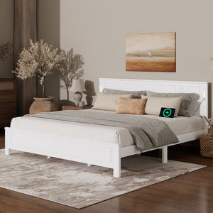 English Elm King Pine Wood Platform Bed with Led Lighting Usb Charging Tall Panel Headboard White W504S00274