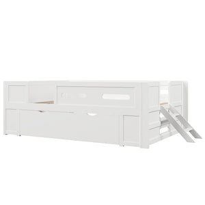 English Elm Wood Twin Platform Bed for Kids with Fence Guardrail and Under Storage Drawer White N709P385776K