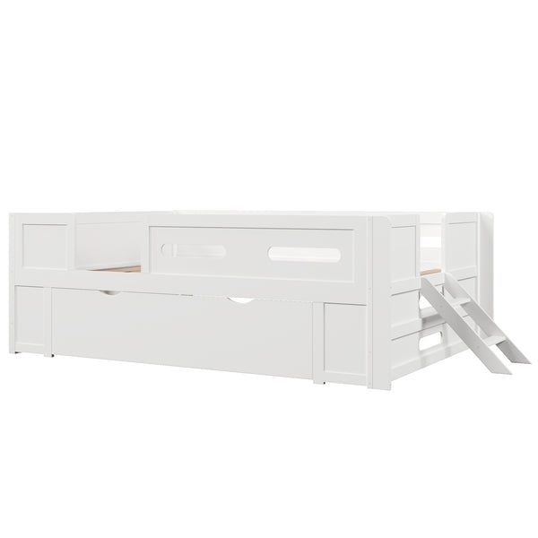 English Elm Wood Twin Platform Bed for Kids with Fence Guardrail and Under Storage Drawer White N709P385776K