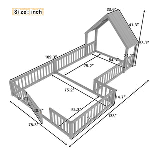 English Elm Full House Floor Bed with Door and Guardrails for Kids, Solid Wood Double Full, Safe Play Nook Grey W1580P354640